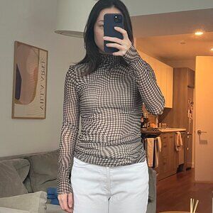 Ganni Sheer Turtleneck Top In Houndstooth Print